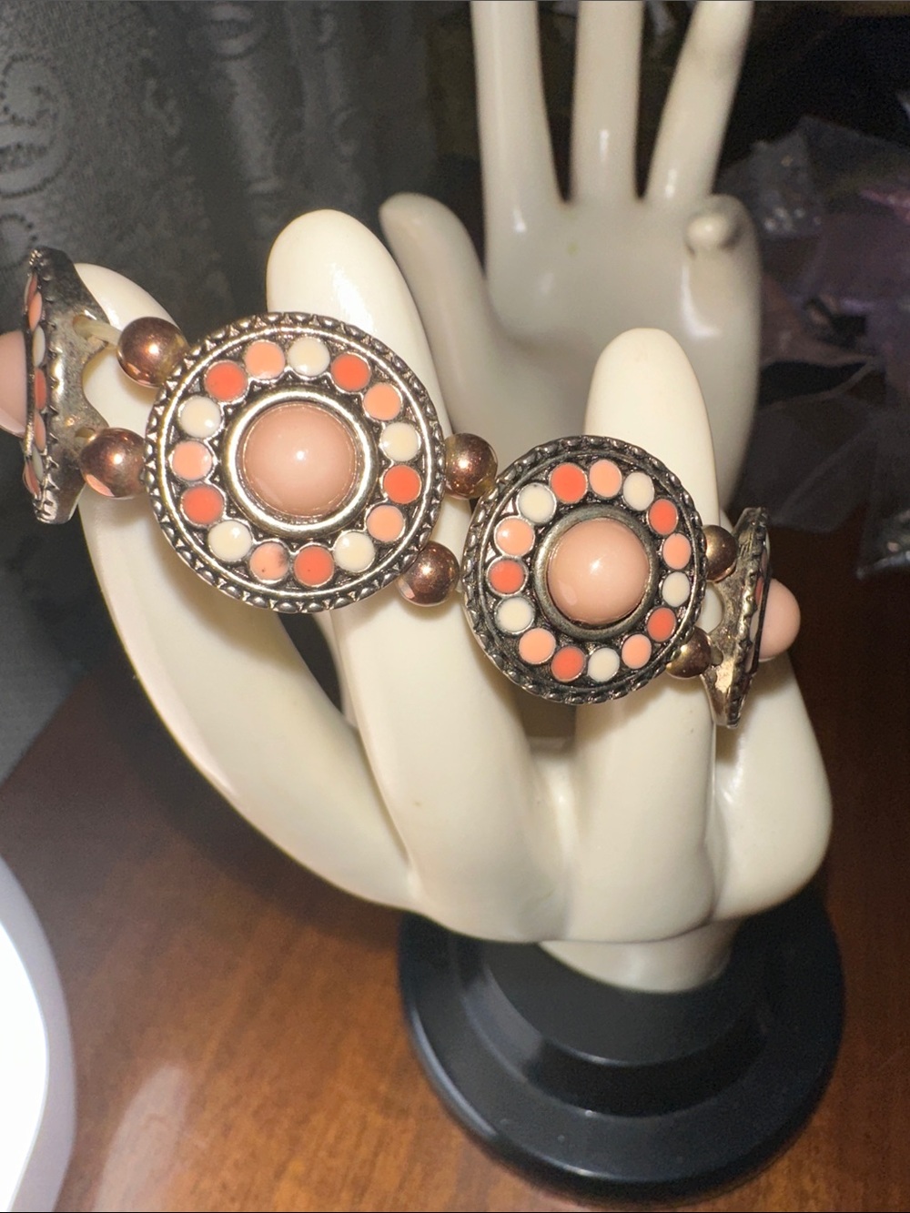 Stretch bracelet silver-tone circular discs with pink & cream Cabochon centers